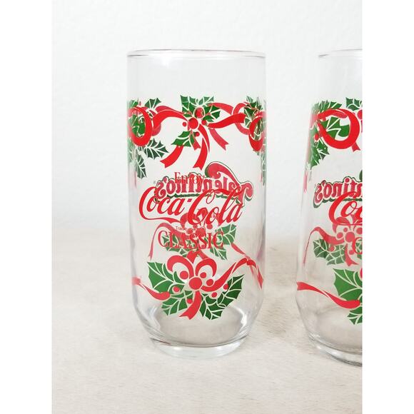 Coca Cola Classic Christmas Drinking Glass 16oz Valentino's Pizza 7" Vintage x3 - Picture 2 of 12